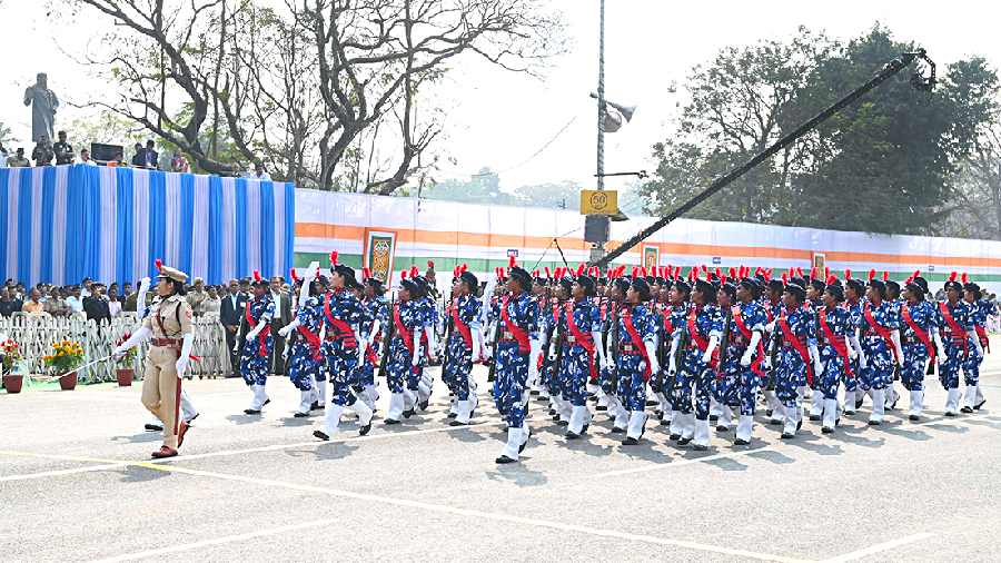 A contingent of the Lady Rapid Action Force of the West Bengal police in the parade