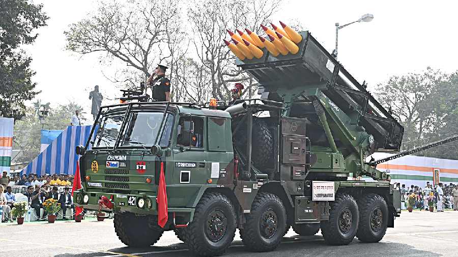 Vehicle-mounted self-propelled rocket launchers of the army on display