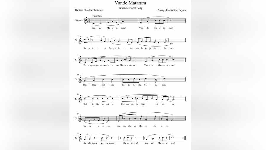 The notation of 'Vande Mataram' set to Raga Desh as performed on All India Radio