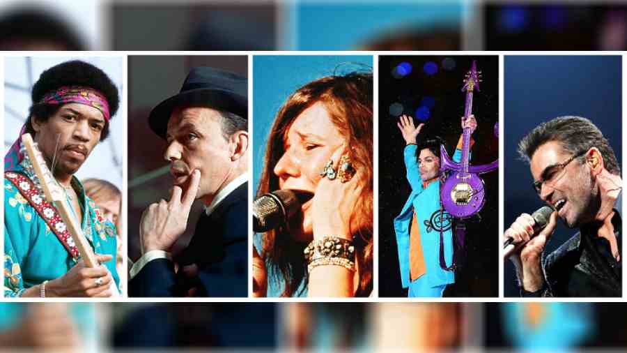 (L-R) Jimi Hendrix, Frank Sinatra, Janis Joplin, Prince, George Michael