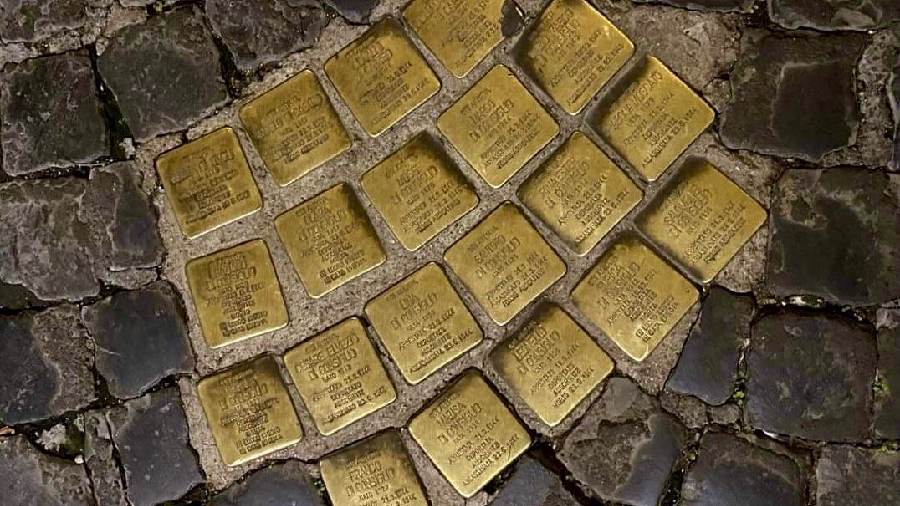 Found in cities in Italy and across Europe, stolpersteine are installed outside the last chosen residence of Holocaust victims, listing their name, date of birth, date and place of deportation, and their fate. This picture is from Rome’s Monti district.