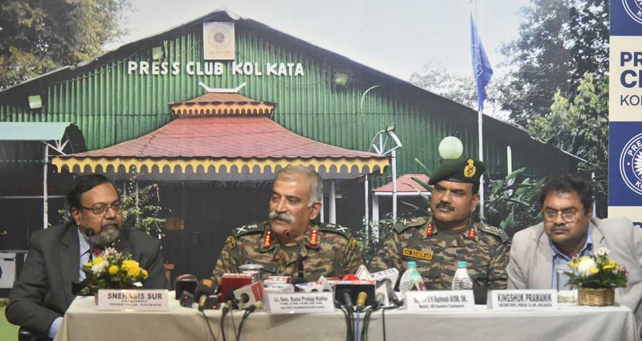 GOC-in-C, Eastern Command, Lt Gen R P Kalita (second from left) during a ‘Meet the Press Programme’ at  Press Club on Friday.  The situation along the eastern border with China is “stable” but “unpredictable” due to undefined perceptions about the boundary, GOC-in-C, Eastern Command, Lt Gen R P Kalita said. The Eastern Command takes care of the LAC in the Arunachal Pradesh and Sikkim sectors.  "The whole problem stems from the fact that the border between India and China is undefined. There are different perceptions about the Line of Actual Control (LAC) which lead to problems. As of now the situation in the eastern side of the border is stable but unpredictable due to different perceptions about the border, " he said at a Meet the Press programme at the Press Club, Kolkata