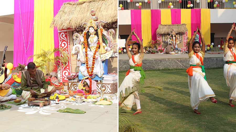 Saraswati Puja in progress at the campus; A dance performance underway