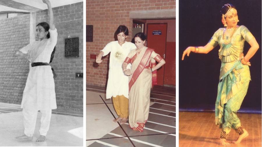 L-R: Practicing to participate in a college youth festival,1973; With her mother Mrinalini Sarabhai in rehearsal, 1990; Performing the Bhamakalapam in Kuchipudi