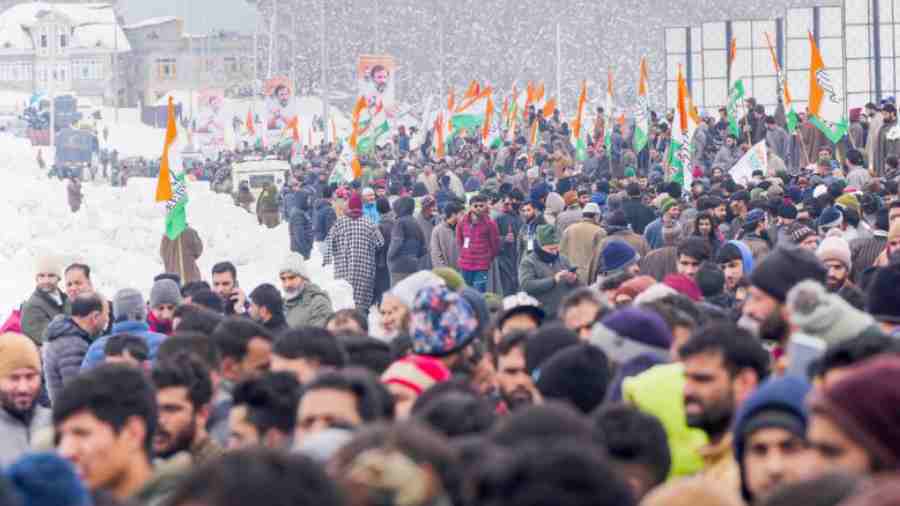 The crowd at Qazigund, known as the Gateway of Kashmir, when the Bharat Jodo Yatra reached there on Friday.