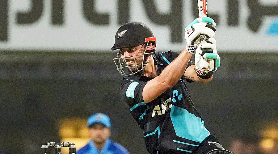New Zealand’s Daryl Mitchell during his unbeaten 59 off 30 balls in the first T20I against India at the JSCA International Stadium in Ranchi on Friday.