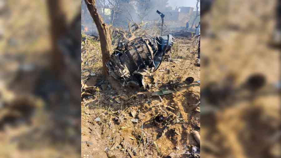 Wreckage of a crashed aircraft found in Bharatpur district, Saturday, January 28, 2023.