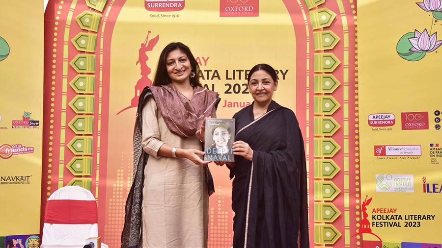 Deepti Naval with author Supriya Newar during the discussion about her book 