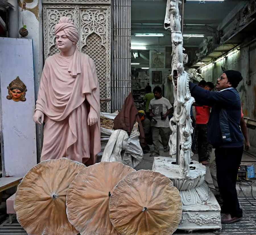 Idol-makers of Kumartuli prepare statues and other decorative items which will be installed at various parks to beautify Kolkata