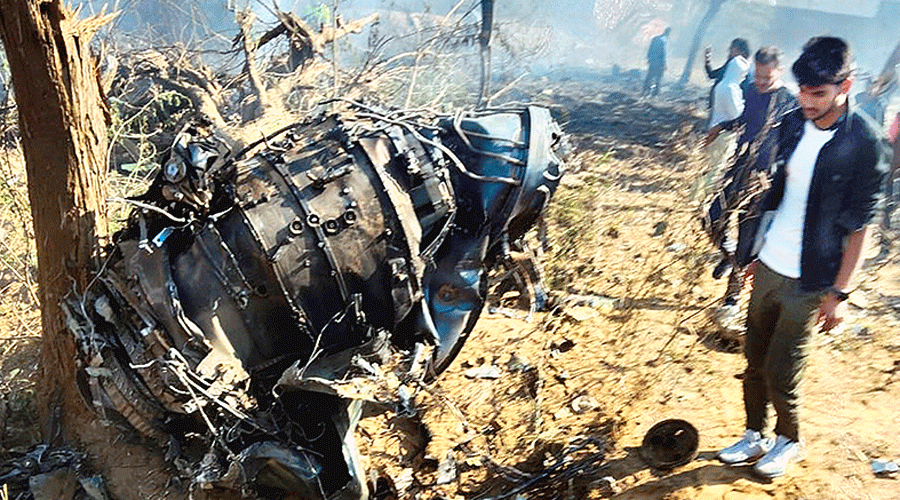 The wreckage of a crashed aircraft in Bharatpur on Saturday.