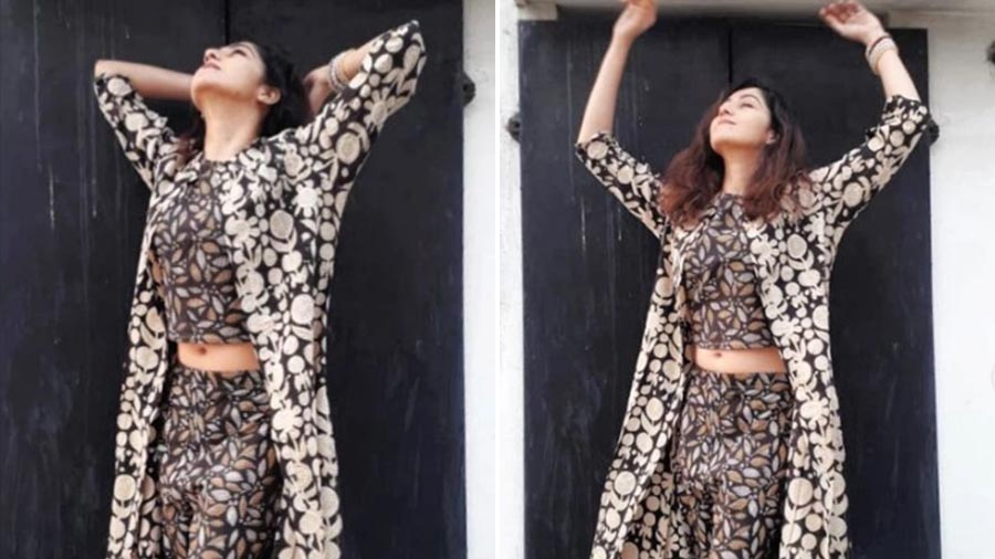 Actress Amrita Chattopadhyay sports a print-on-print co-ord set from SRD 