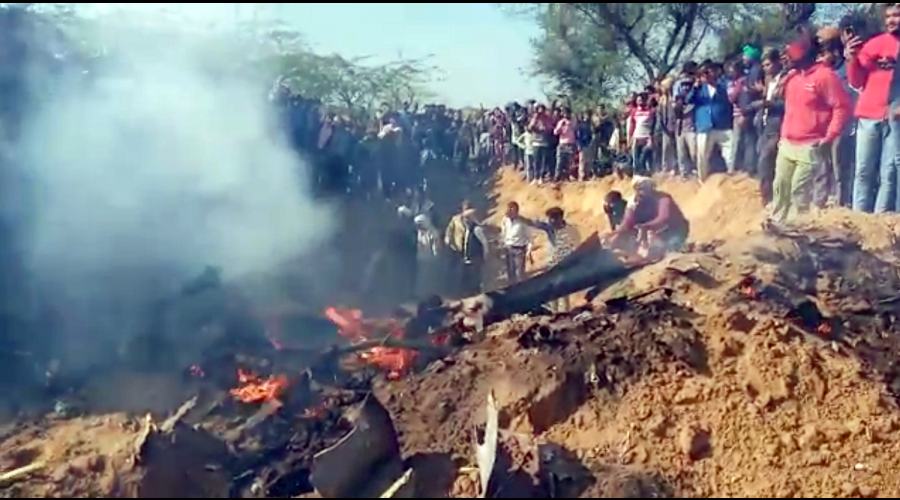 Rajasthan: People gather near the wreckage of the crashed IAF aircraft in Bharatpur district.