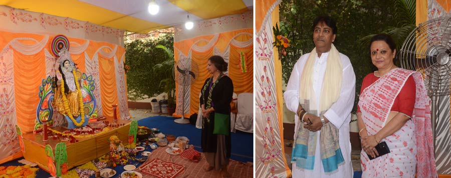 Author and International Booker Prize recipient Geetanjali Shree at the Saraswati Puja organised by the Prabha Khaitan Foundation (PKF) at its Balaram Bose Ghat Road office in Bhowanipore on January 26. (Right) Indian classical vocalist Rashid Khan was also present at the puja and presented a bhajan recital. Anindita Chatterjee, executive trustee of PKF, helped organise the event on the auspicious occasion of Vasant Panchami. Following the festive rituals and ‘anjali’, a sumptuous ‘bhog’ was served to all present