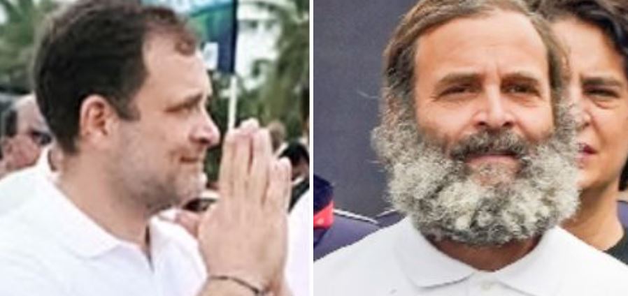 (Left) SEPTEMBER 8, 2022: Rahul Gandhi on the day the Yatra started from Kanyakumari after its launch at the Vivekananda Memorial the previous evening | (Right) JANUARY 29, 2023: Rahul Gandhi at Lal Chowk in Srinagar, the final destination of the Bharat Jodo Yatra. 