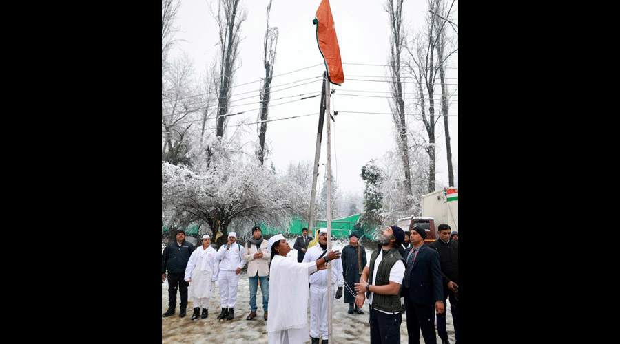 Congress leader Rahul Gandhi during the flag hoisting ceremony at the 'Bharat Jodo Yatra' camp site in Srinagar. 