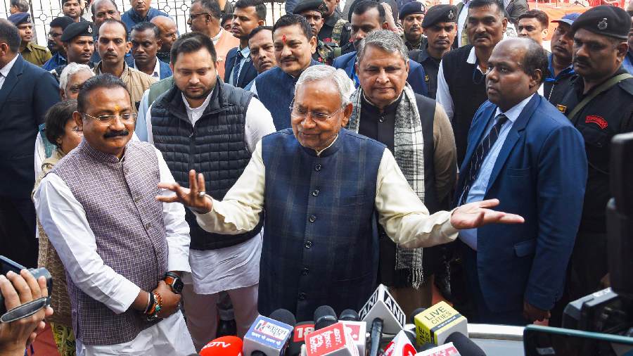 Bihar Chief Minister Nitish Kumar with Deputy Chief Minister Tejashwi Yadav speaks to the media, in Patna, Monday, January 30, 2023.