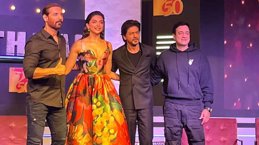 Shah Rukh Khan, Deepika Padukone and John Abraham at a media and fan interaction in Mumbai on January 30 as the film  becomes a Rs 500-crore blockbuster