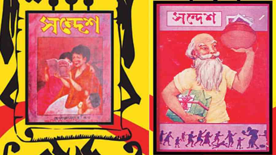 (Left) The first issue of Sandesh illustrated by Upendrakisor Raychaudhuri. (Right) A cover illustrated by Sukumar Ray. From The Dreamers calendar