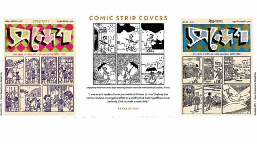 Sandesh covers from 1970-71 when Satyajit Ray used to create four panel comic strips. From the Starmark calendar