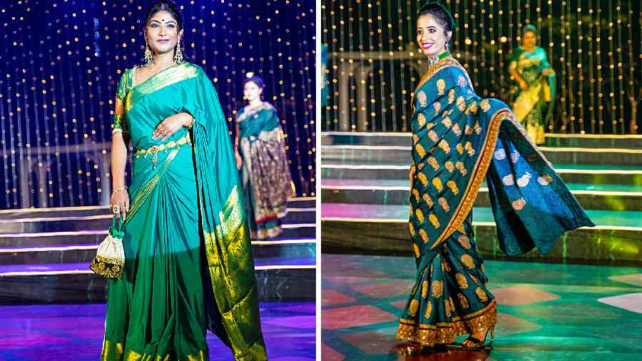 Attired in green saris to mark their concern for the environment, the doctors took part in a fashion show choreographed by Pinky Kenworthy