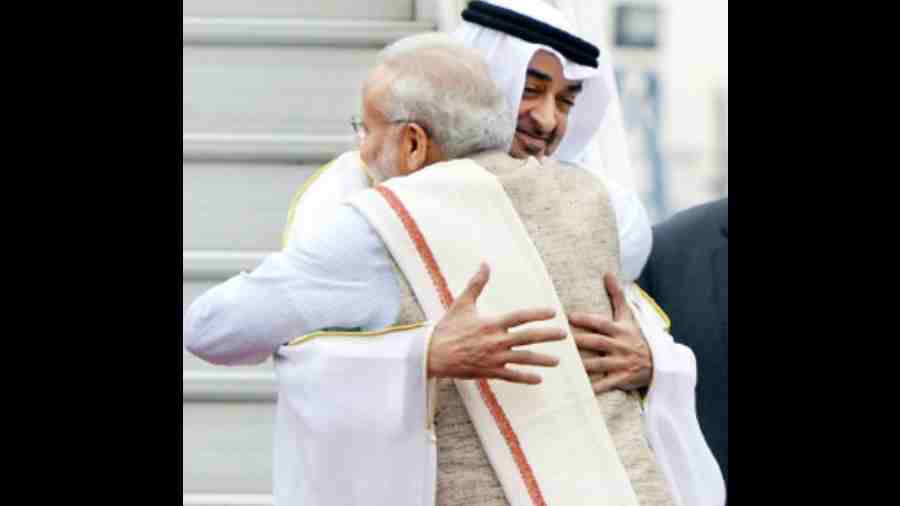 Prime Minister Narendra Modi welcoming Sheikh Mohamed bin Zayed Al Nahyan, the UAE President and the ruler of Abu Dhabi and the then crown prince, in 2017 in New Delhi. India and the UAE have excellent relations.