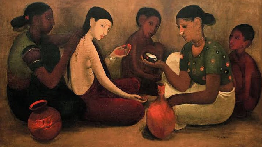 Time and again, the artist has put forth the underprivileged and the deprived souls of the society in her paintings. To draw this particular artwork, 'Bride's Toilet', Sher-Gil has taken inspiration from the  Ajanta Cave art. Taking inspiration from the Mogul miniatures of South India, she created this art in European style, with rich contrasting colors. 