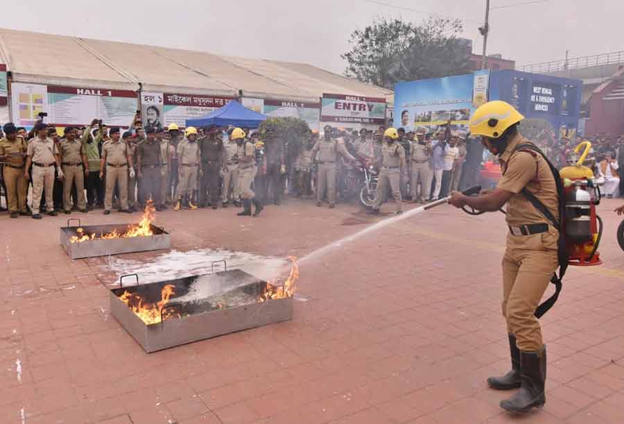 A stall set up by the Fire Department, Government of West Bengal, at the 46th International Kolkata Book Fair showcased state-of-art fire fighting instruments on Tuesday.  Firefighters also held a drill