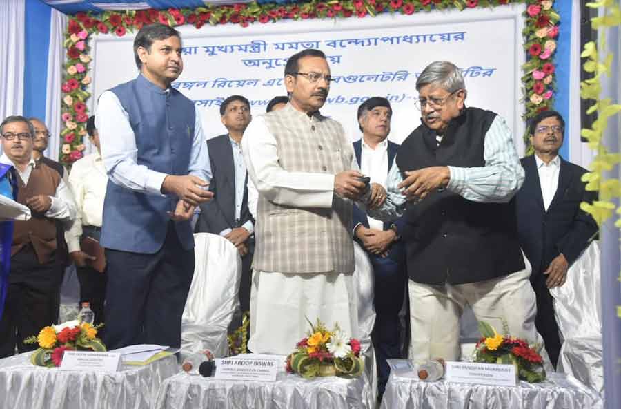 Rajesh Kumar Sinha, principal secretary, Housing Department, West Bengal; Aroop Biswas, Minister-in-Charge, Power, Housing, Youth Services and Sports; and Sandipan Mukherjee, Chairman, West Bengal Real Estate Regulatory Authority at the launch of WBRERA website on Tuesday