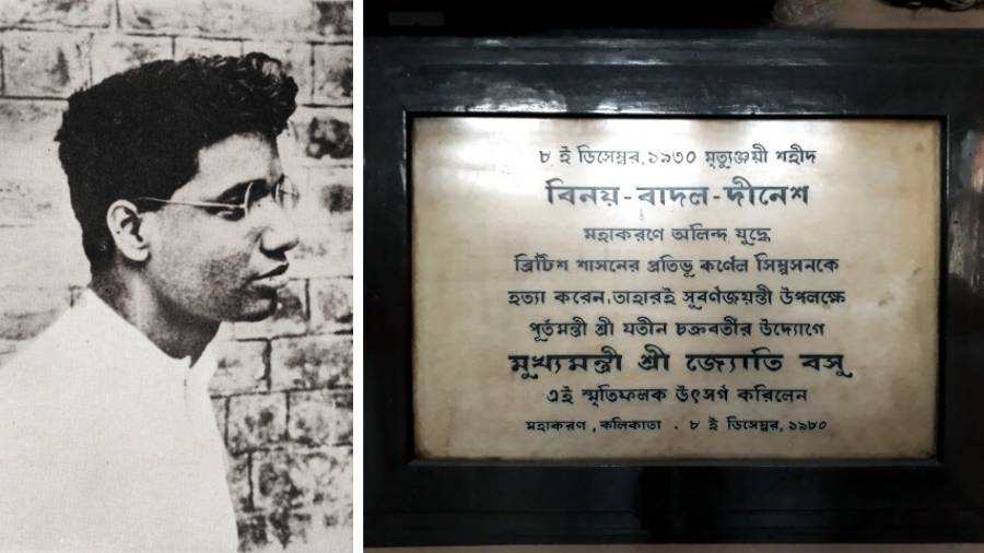 L-R: Dinesh Gupta and a martyr's plaque for Binoy-Badal-Dinesh at Writer's Building