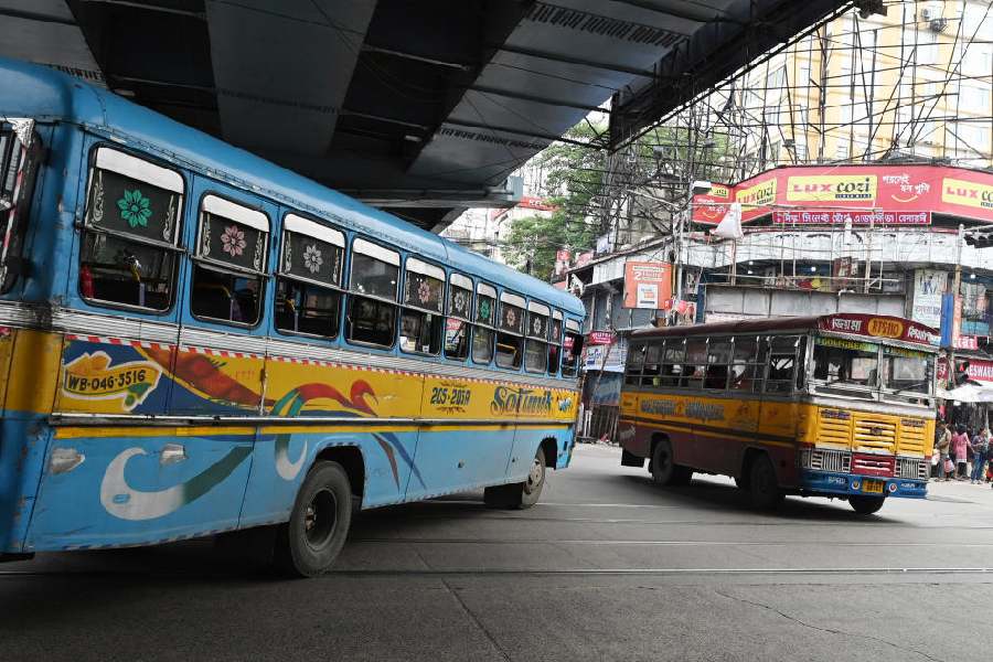 A bus makes a dangerous turn at the Gariahat crossing on Thursday