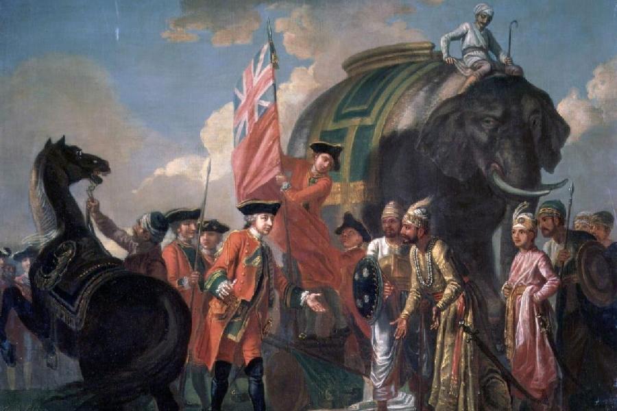 A painting by Francis Hayman (1762), depicting Robert Clive meeting Mir Jafar after the Battle of Plassey