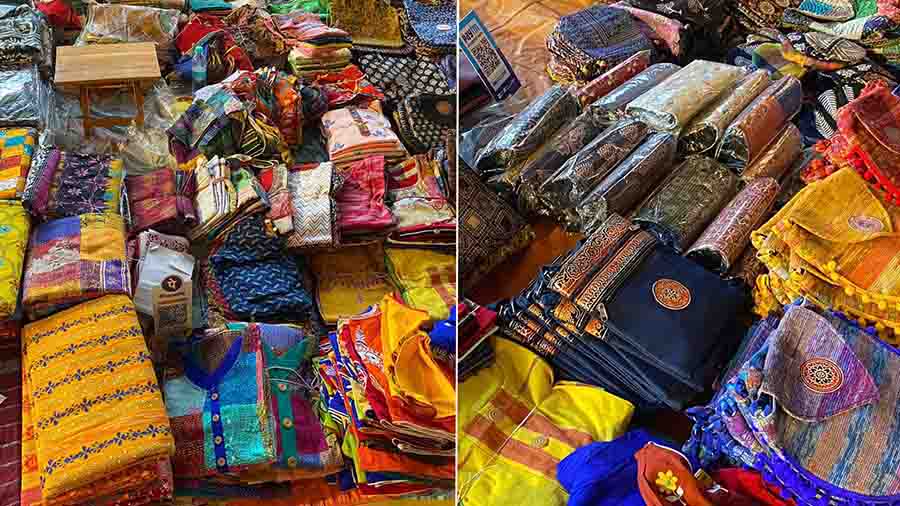The mela has a permanent spot at the New Town Community Zone, right below the Axis Mall bridge. The decorated space is now home to khadi cotton saris, embroidered kurtis and artsy cloth bags. The apparel options alone leave you spoilt for choice