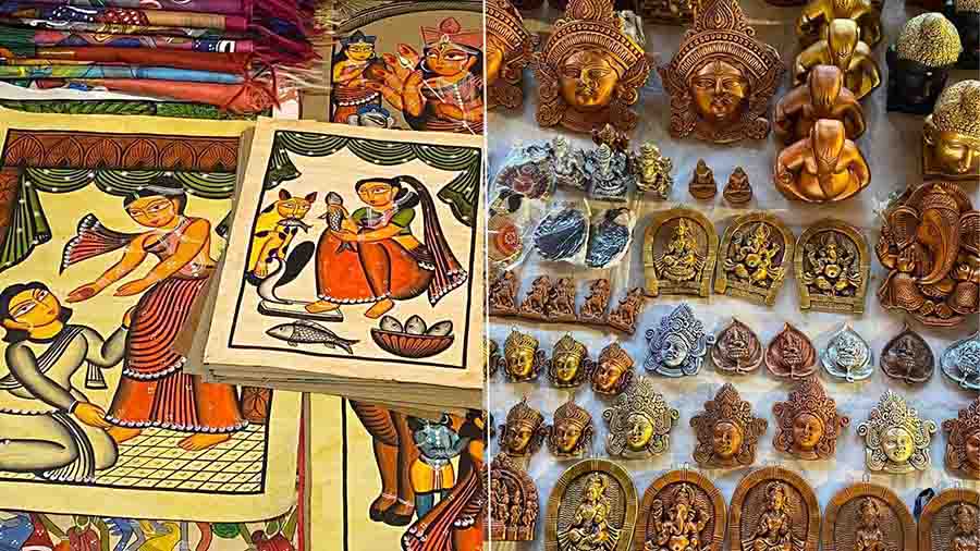 Artworks, be it in the form of prints or sculptures of Indian deities create a milieu of colours in the fair. The price range of the clay artefacts start from Rs 100