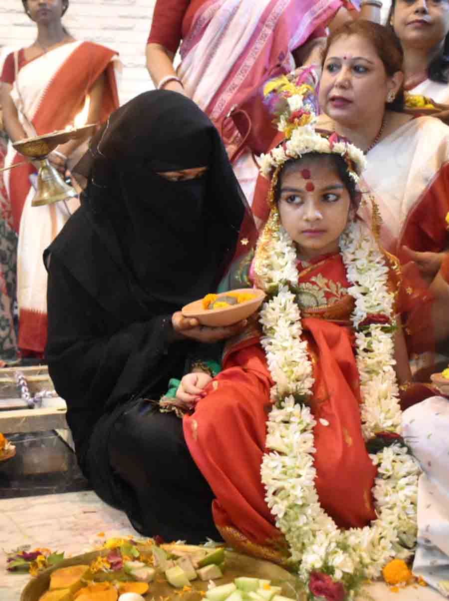 Rimsha Ali was dressed up as a 'kumari' during Khunti puja at Sri Sri Kashiswar Shib Mandir, Sinthi More, in north Kolkata on Thursday  