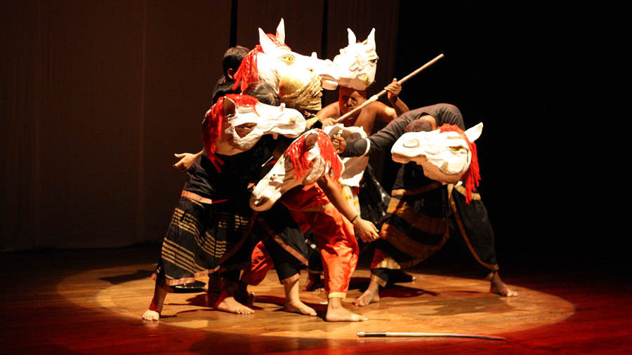 ‘Our puppets are anthropomorphic,’ Anurupa says, citing as example the depiction of a scene from the Mahabharata, the killing of Abhimanyu. “Instead of showing horses, we presented men with horse heads