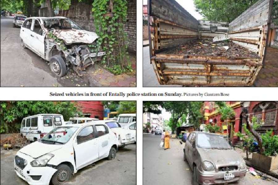 Seized vehicles in front of Entally police station on Sunday (above); Seized cars outside Ballygunge police station and (below right) Jorabagan police station 