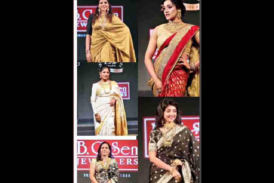 Adorned in traditional Bengali-style jewellery that is renowned for its enchanting designs and intricate, detailed craftsmanship, (clockwise from top right) actresses Moubani Sorcar and Devlina Kumar, archery champ Dola Banerjee, actress Jaya Seal Ghosh, dancer Sreenanda Shankar and psychologist Anuttama Banerjee (not in picture) were the women achievers who showcased Banglar Gohona. The ladies were also felicitated by B.C. Sen Jewellers after they had walked the ramp.