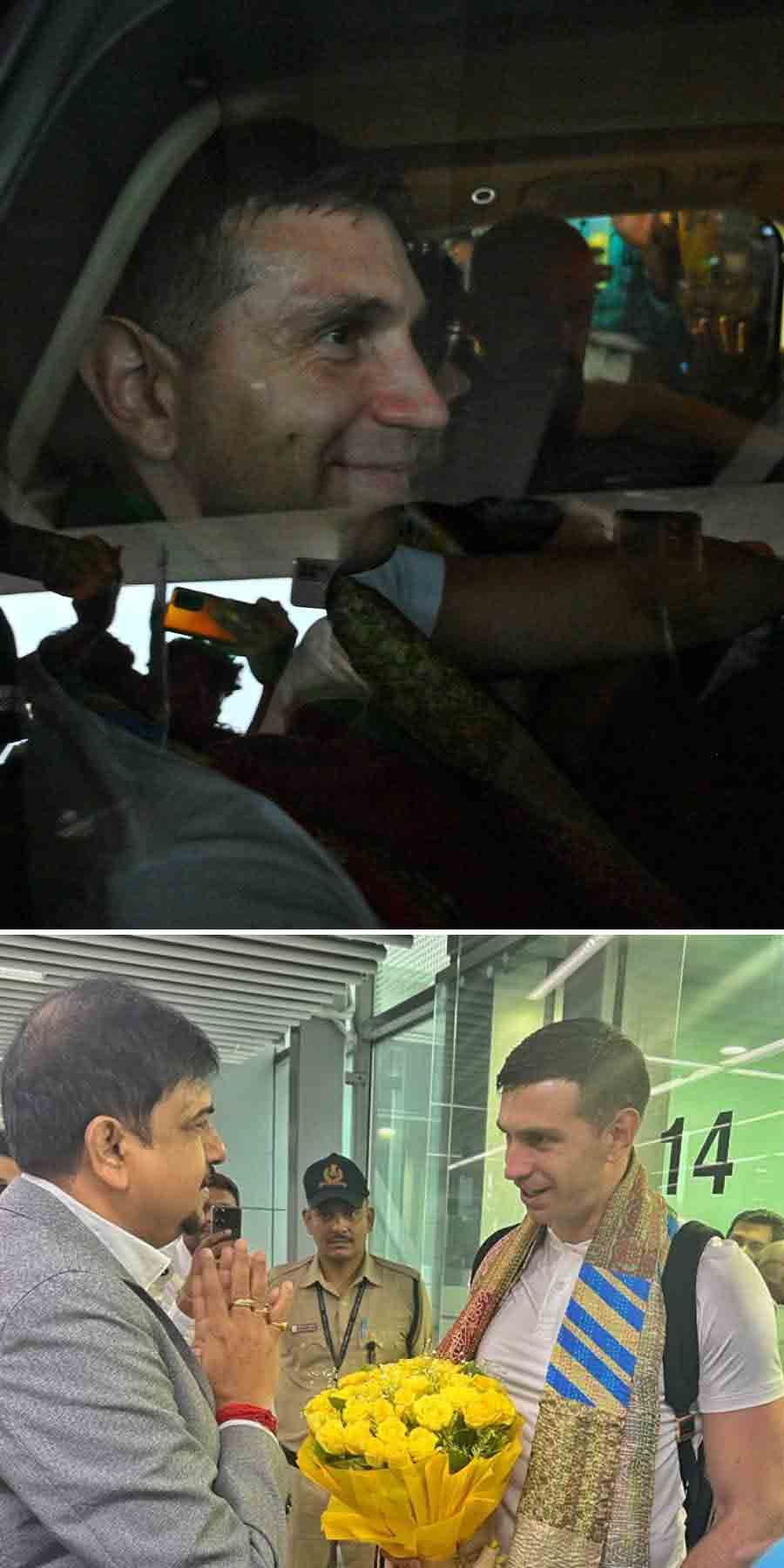 Argentina's World Cup-winning team’s goalkeeper Emiliano Martinez arrived in Kolkata on Monday. During his stay, Emiliano will meet ISL Champions and also visit the Mohun Bagan Supergiant’s ground. Minister Sujit Bose was at the airport to welcome him 