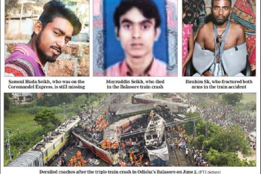 Samsul Huda Seikh, who was on the Coromandel Express, is still missing; Moyzuddin Seikh, who died in the Balasore train crash; Ibrahim Sk, who fractured both arms in the train accident; (below) Derailed coaches after the triple train crash in Odisha’s Balasore on June 2