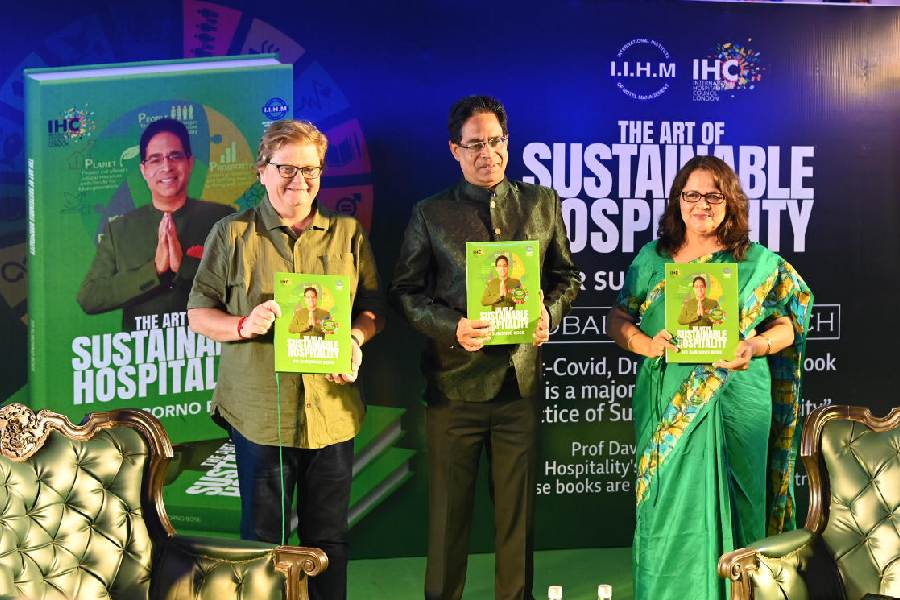 (From left) Paul Walsh, former British diplomat and founder of rugby club Jungle Crows; Suborno Bose, founder and chief mentor, IIHM; and Sanjukta Bose, co-founder and director, IIHM Calcutta, at the launch of Suborno Bose’s book The Art of Sustainable Hospitality at the IIHM Global Campus in Salt Lake on Wednesday