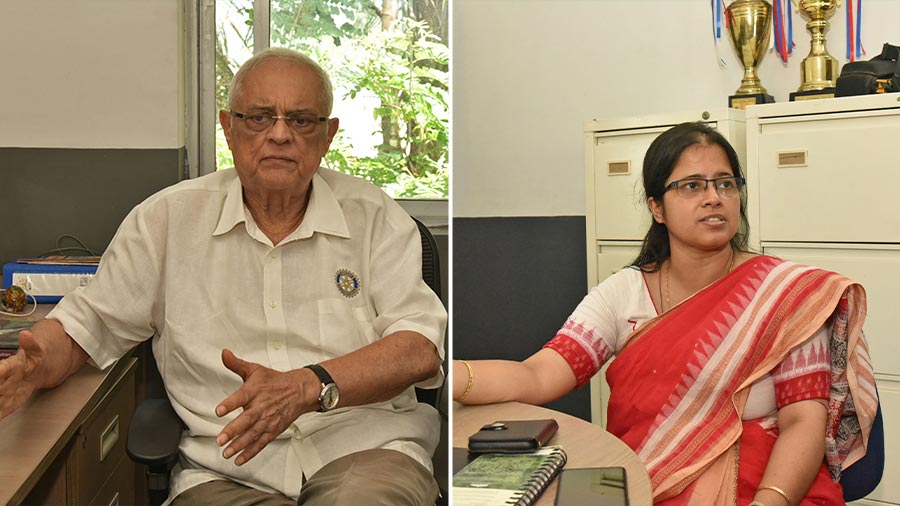 (Left) Jayanta Chatterji, the India director for PACE and a member of the Rotary Club of Calcutta Metropolitan, and (right) Jayeeta Chatterjee, principal of the school, both stress the need to educate and empower girls