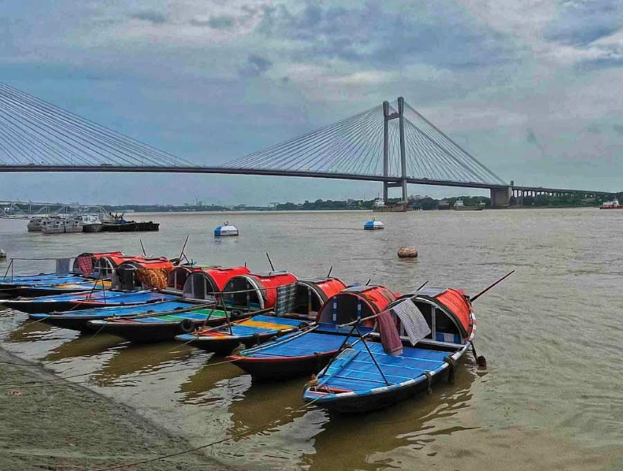 Boats at Prinsep Ghat anchored at the banks of Hooghly on Monday  