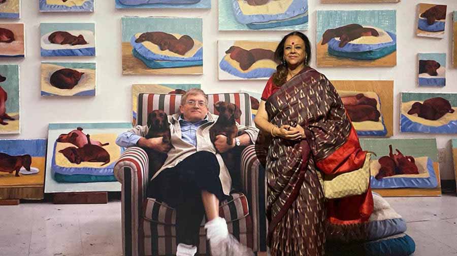 Ina Puri at Wallace Collection, with the portrait of David Hockney 