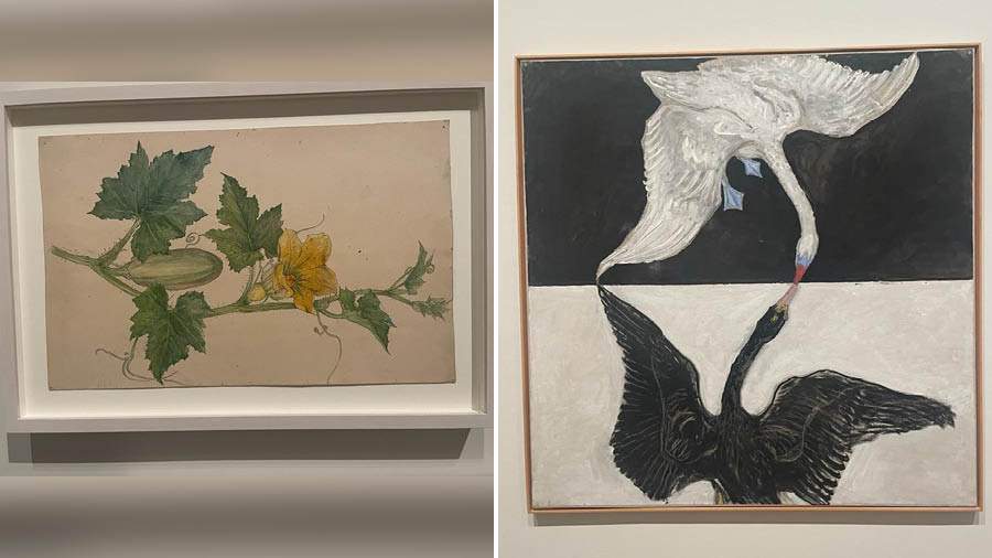 Works by (left) Pete Mondrian and (right) Hilma Klint at Tate Modern