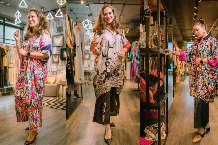 (l-r) This print-on-print set is vivacious and a la mode, The interplay of black and white tells the story of joy and peace. The pop of pink in the lotus adds character to the look, An anti-fit shirt is a must in the wardrobe and if it’s vibrant like this, it’s likely to become a favourite