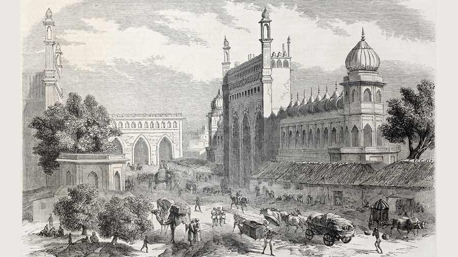 An old illustration of main street in Lucknow, India. Created by Freeman and Godefroy-Durand after De Lagrange, published on L'Illustration Journal Universel, Paris, 1857