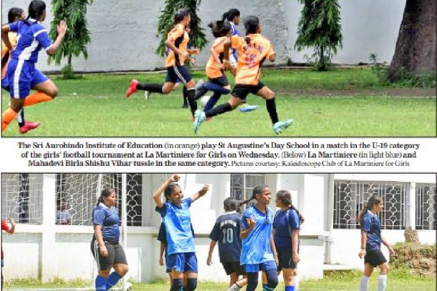 The Sri Aurobindo Institute of Education (in orange) play St Augustine’s Day School in a match in the U-19 category of the girls’ football tournament at La Martiniere for Girls on Wednesday. (Below) La Martiniere (in light blue) and Mahadevi Birla Shishu Vihar tussle in the same category