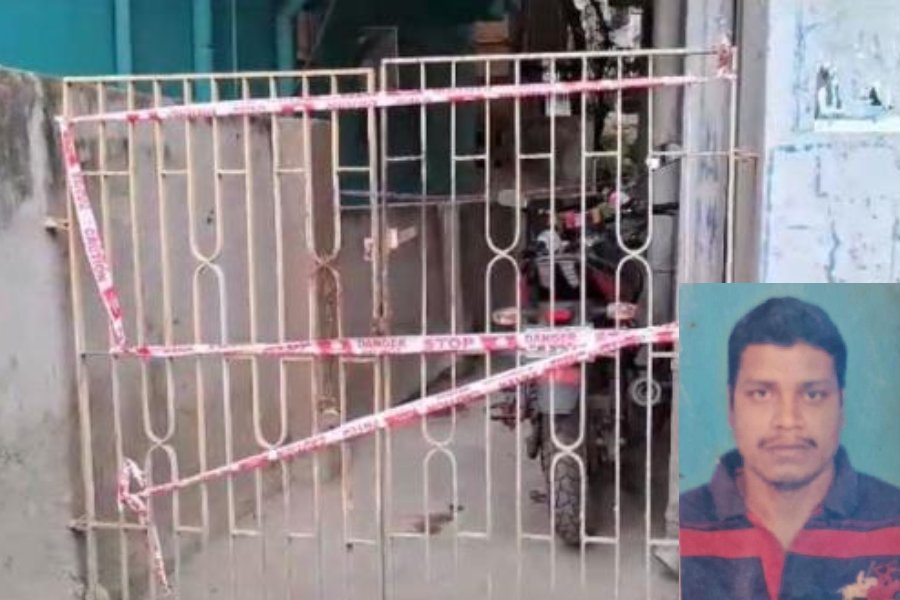 The entrance to Snehasish Roy’s house in Lake Town, where he was shot dead on Thursday afternoon; (inset) Snehasish Roy