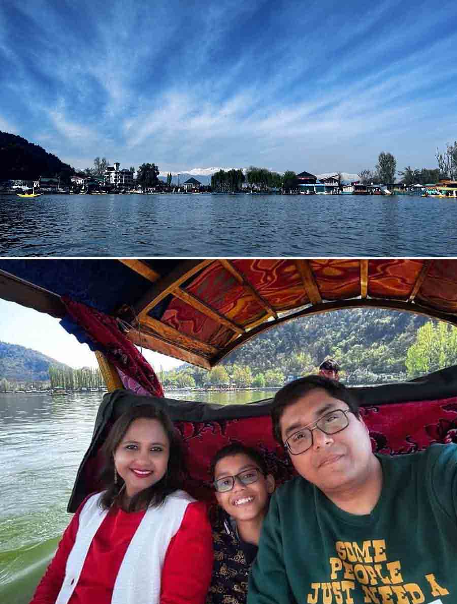 (Top) Mesmerising Dal Lake from our shikara and (above) the three of us enjoying a shikara ride