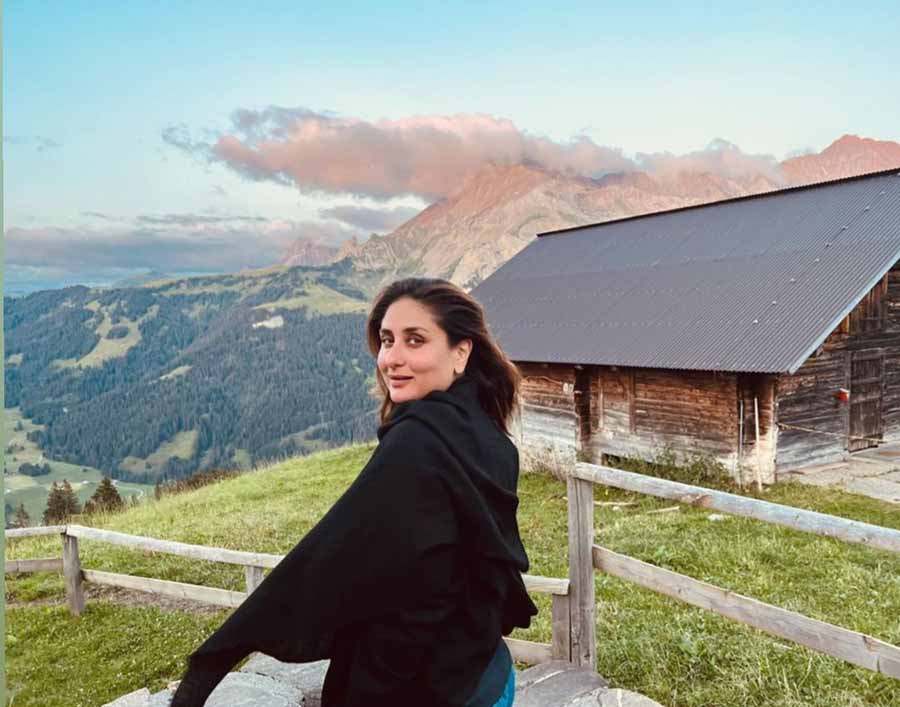 “Pink clouds and me,” Kareena wrote alongside her picture, in frame with the cloud-covered mountains. A countryside barn completed the vibe of the picture.